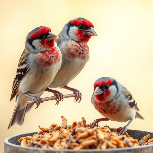 Perching finches enjoying dried mealworms