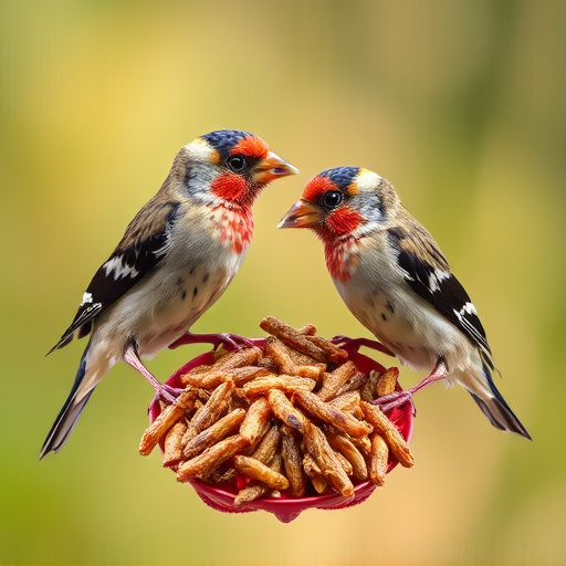 Perching finches enjoying dried mealworms