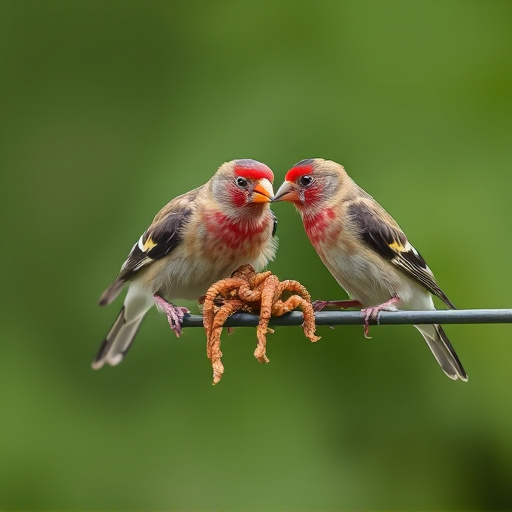 Perching finches enjoying dried mealworms
