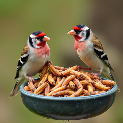 Perching finches enjoying dried mealworms