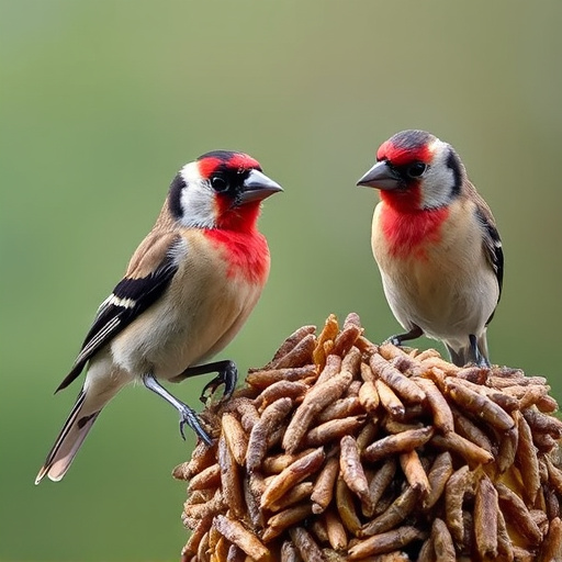 Perching finches enjoying dried mealworms