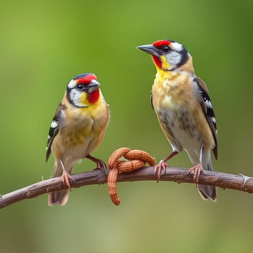 Perching finches enjoying dried mealworms