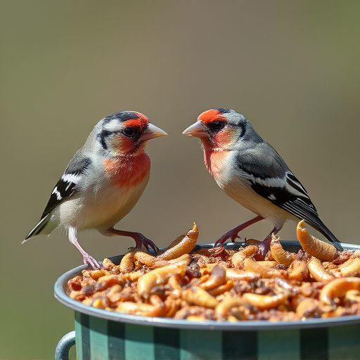 Perching finches enjoying dried mealworms