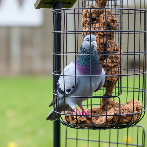 Pigeon blocked by feeder guard