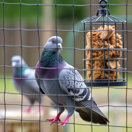 Pigeon blocked by feeder guard