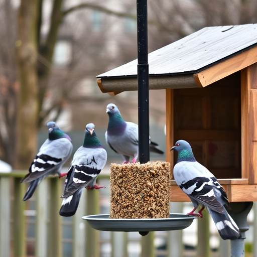 Pigeons perched near protected feeder