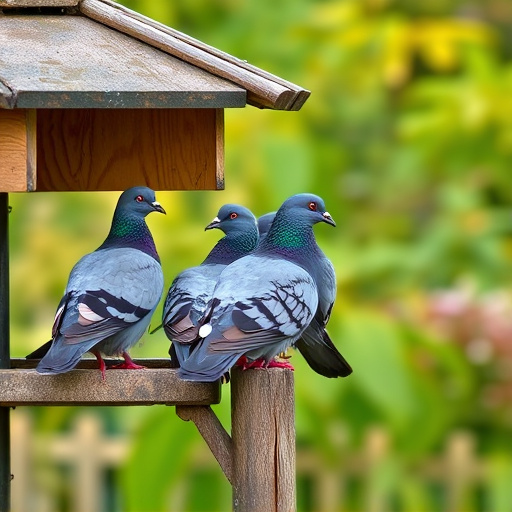 Pigeons perched near protected feeder