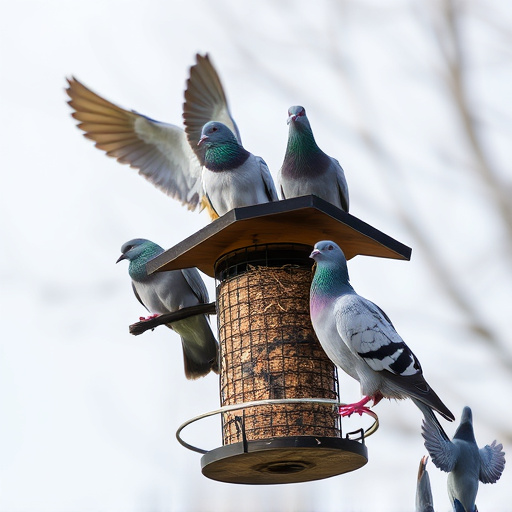 Pigeons perched near protected feeder