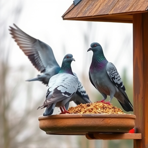 Pigeons perched near protected feeder