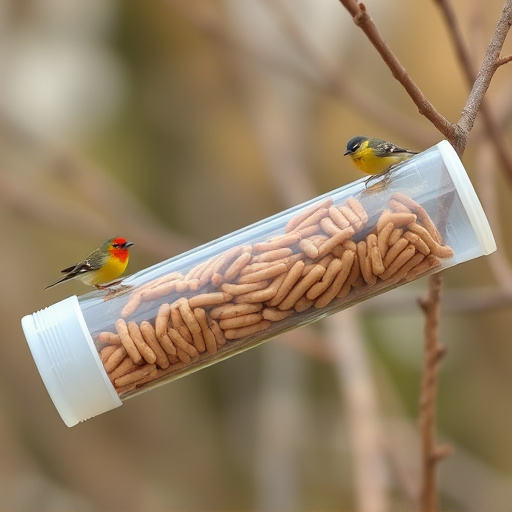 Plastic mealworm tube with bird visitors