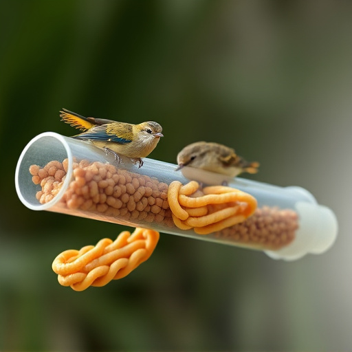 Plastic mealworm tube with bird visitors