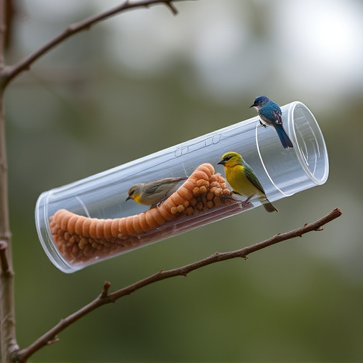 Plastic mealworm tube with bird visitors