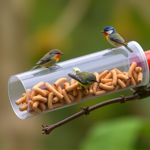 Plastic mealworm tube with bird visitors