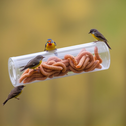 Plastic mealworm tube with bird visitors