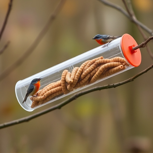 Plastic mealworm tube with bird visitors