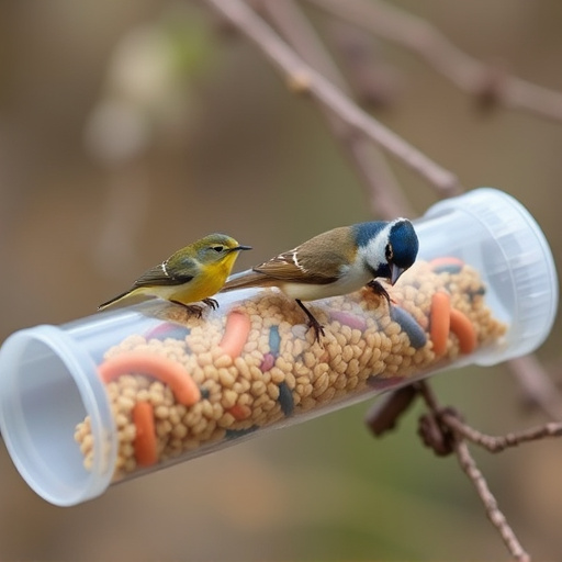 Plastic mealworm tube with bird visitors