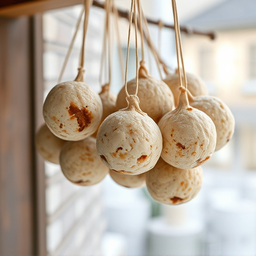 Processed suet balls hanging outside
