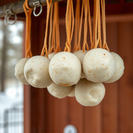 Processed suet balls hanging outside