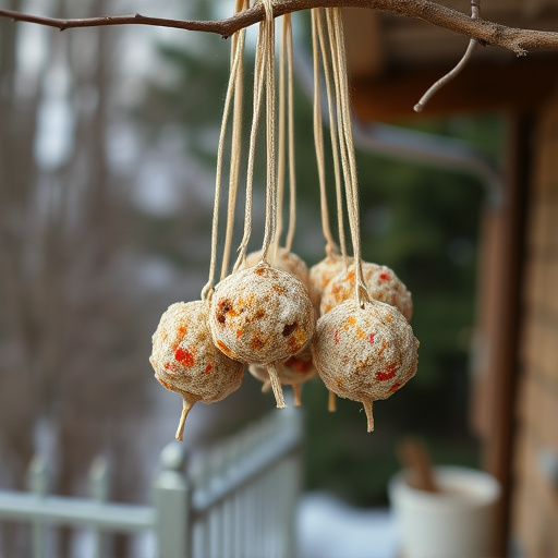 Processed suet balls hanging outside