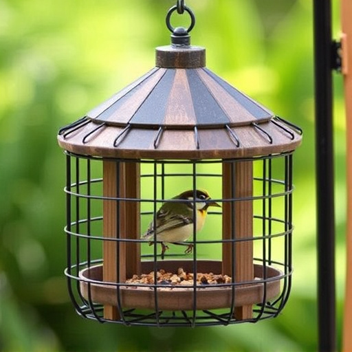 Protective cage around bird feeder entrance