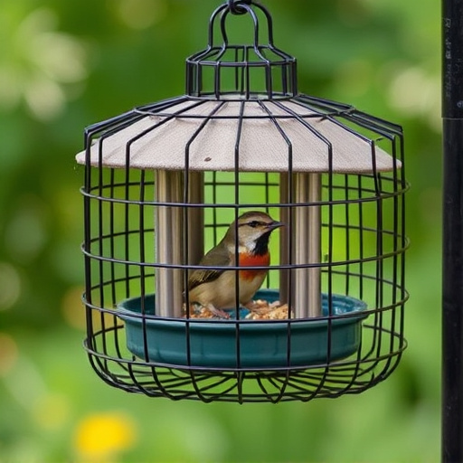 Protective cage around bird feeder entrance