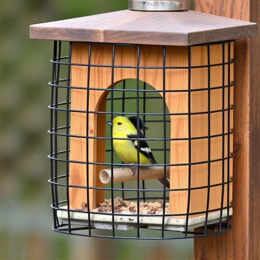 Protective cage around bird feeder entrance