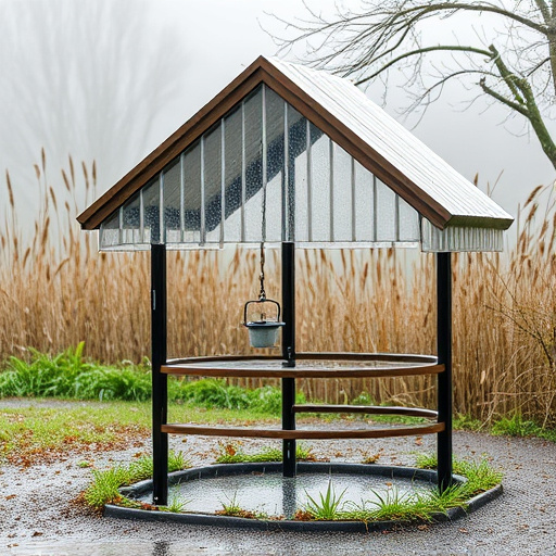 Rain cover sheltering ground bird feeding station