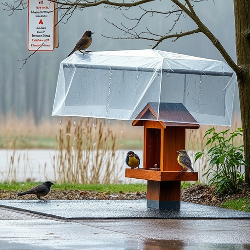Rain cover sheltering ground bird feeding station