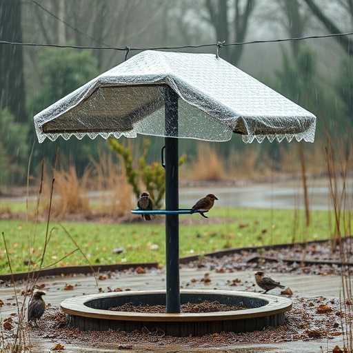Rain cover sheltering ground bird feeding station