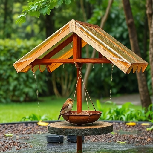 Rain cover sheltering ground bird feeding station