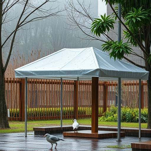Rain cover sheltering ground bird feeding station