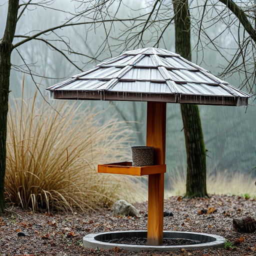 Rain cover sheltering ground bird feeding station