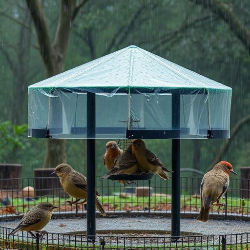 Rain cover sheltering ground bird feeding station