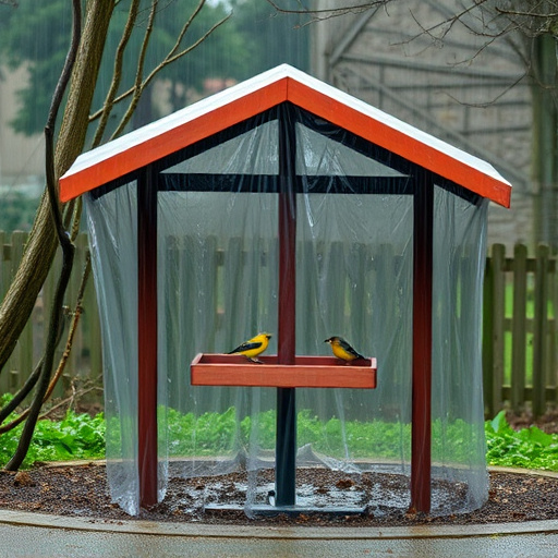 Rain cover sheltering ground bird feeding station