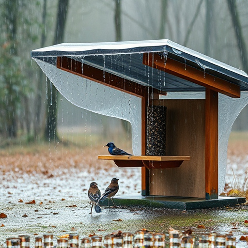 Rain cover sheltering ground bird feeding station