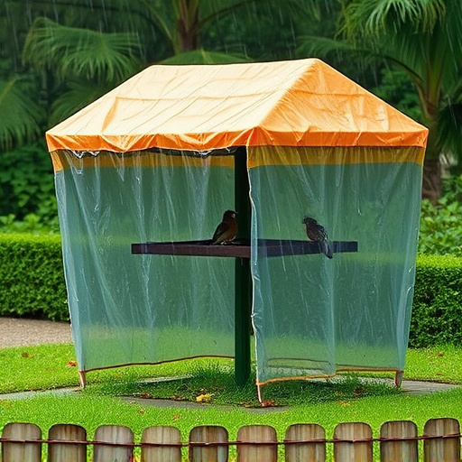 Rain cover sheltering ground bird feeding station