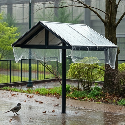 Rain cover sheltering ground bird feeding station