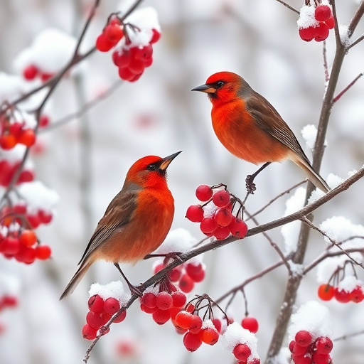 Redwings feeding on berries in snow