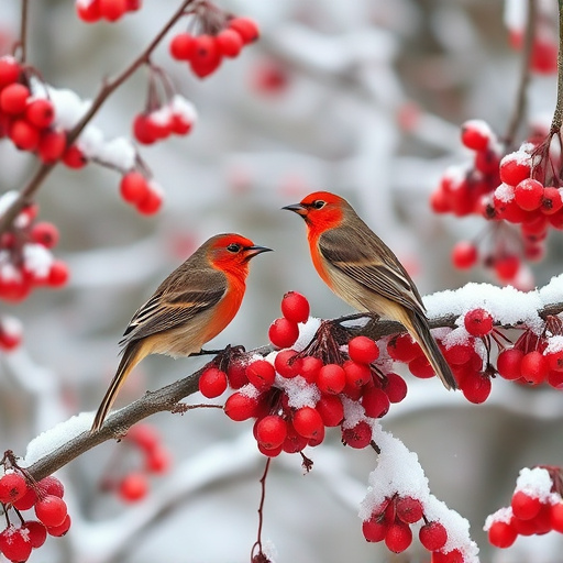 Redwings feeding on berries in snow