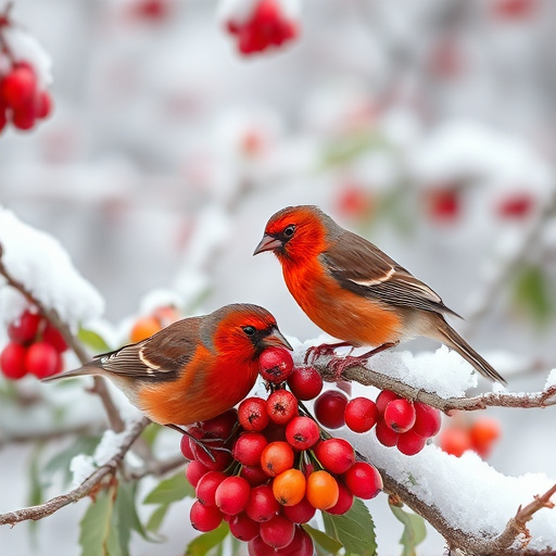 Redwings feeding on berries in snow
