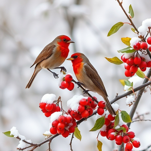 Redwings feeding on berries in snow