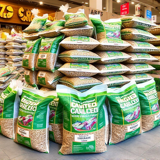Retail display of bulk bird seed bags