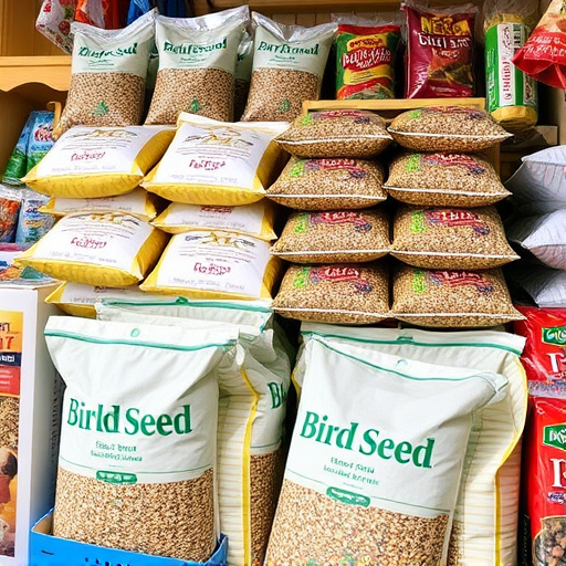 Retail display of bulk bird seed bags