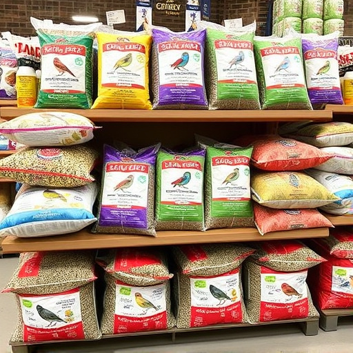 Retail display of bulk bird seed bags