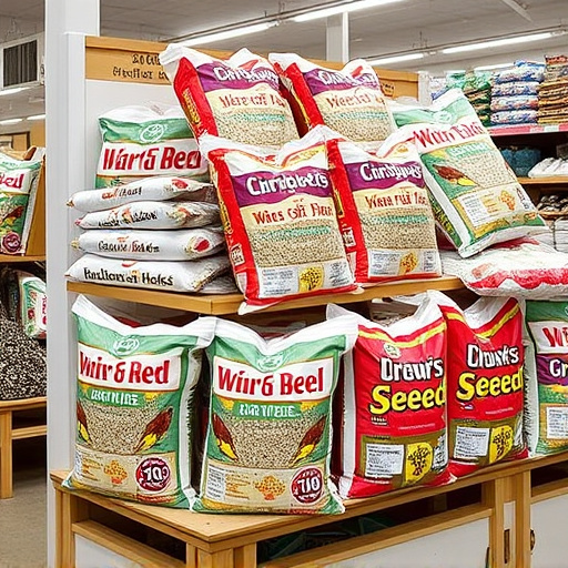 Retail display of bulk bird seed bags