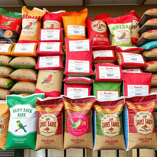 Retail display of bulk bird seed bags