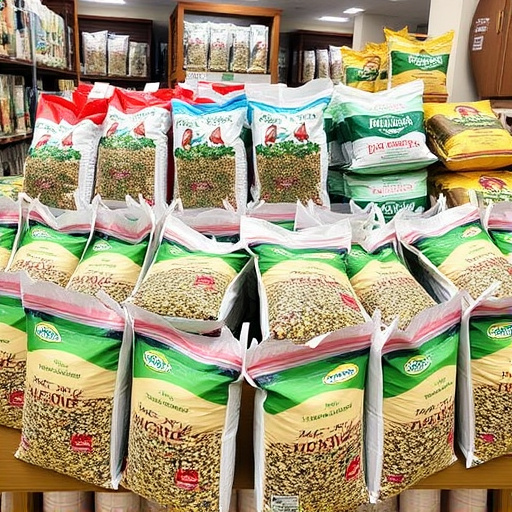 Retail display of bulk bird seed bags