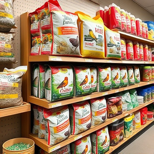 Retail shelf stacked with bird seed bags