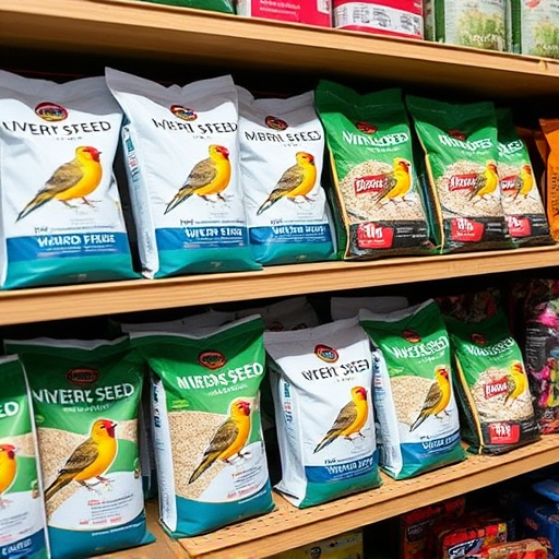 Retail shelf stacked with bird seed bags