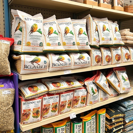 Retail shelf stacked with bird seed bags